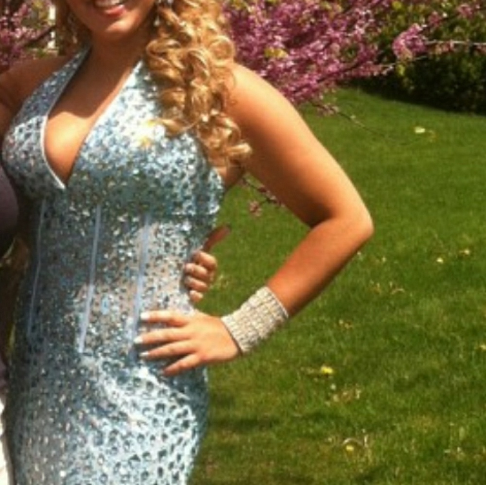 Gem Studded ice blue prom sheath by Jasz size 8